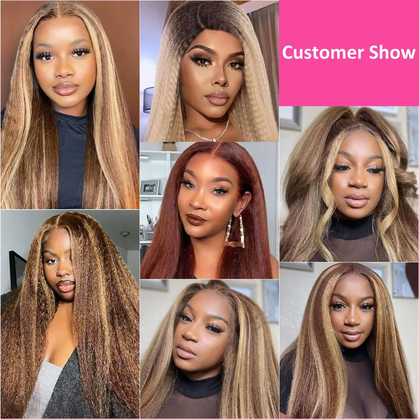 4/27 Highlight Kinky Straight 13x6 Lace Frontal Human Hair Wigs 200% Brown Blonde Piano Color 13x4 Front Wig PrePlucked Yaki Wig