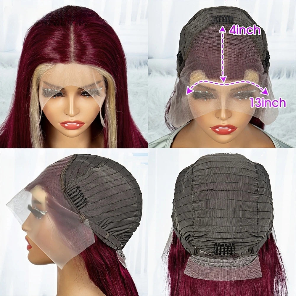 99J/613 Balayage Highlight Body Wave 13x4 Lace Front Brazilian Human Hair Wigs 30 Inch Ombre Burgundy Blonde Red Colored Wigs