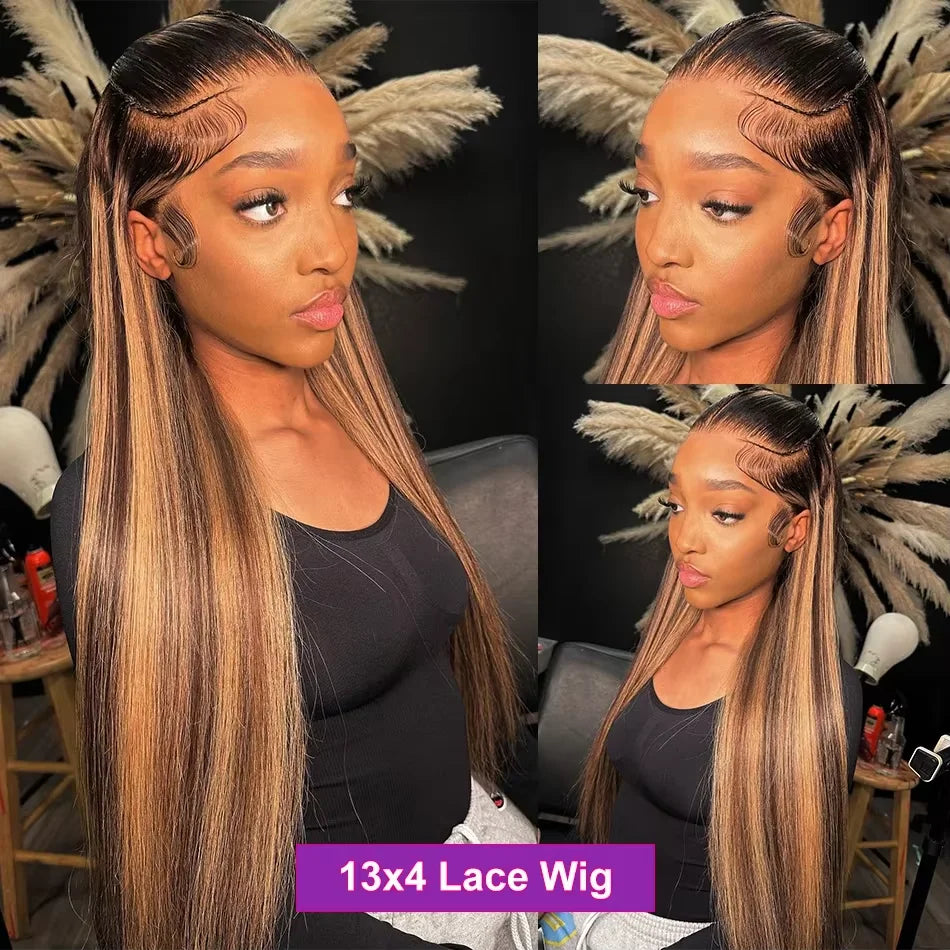 Ombre Highlight Brown Straight Lace Front Wig 13x4 Lace Frontal Human Hair Wigs For Women Pre Plucked Honey Blonde Colored Wigs