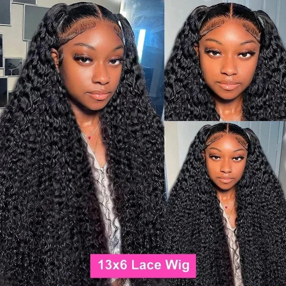 13x6 Deep Wave Lace Front Wig Brazilian Water Wave 200Density Curly HD Transparent Lace Frontal Human Hair Wig PrePlucked 38Inch