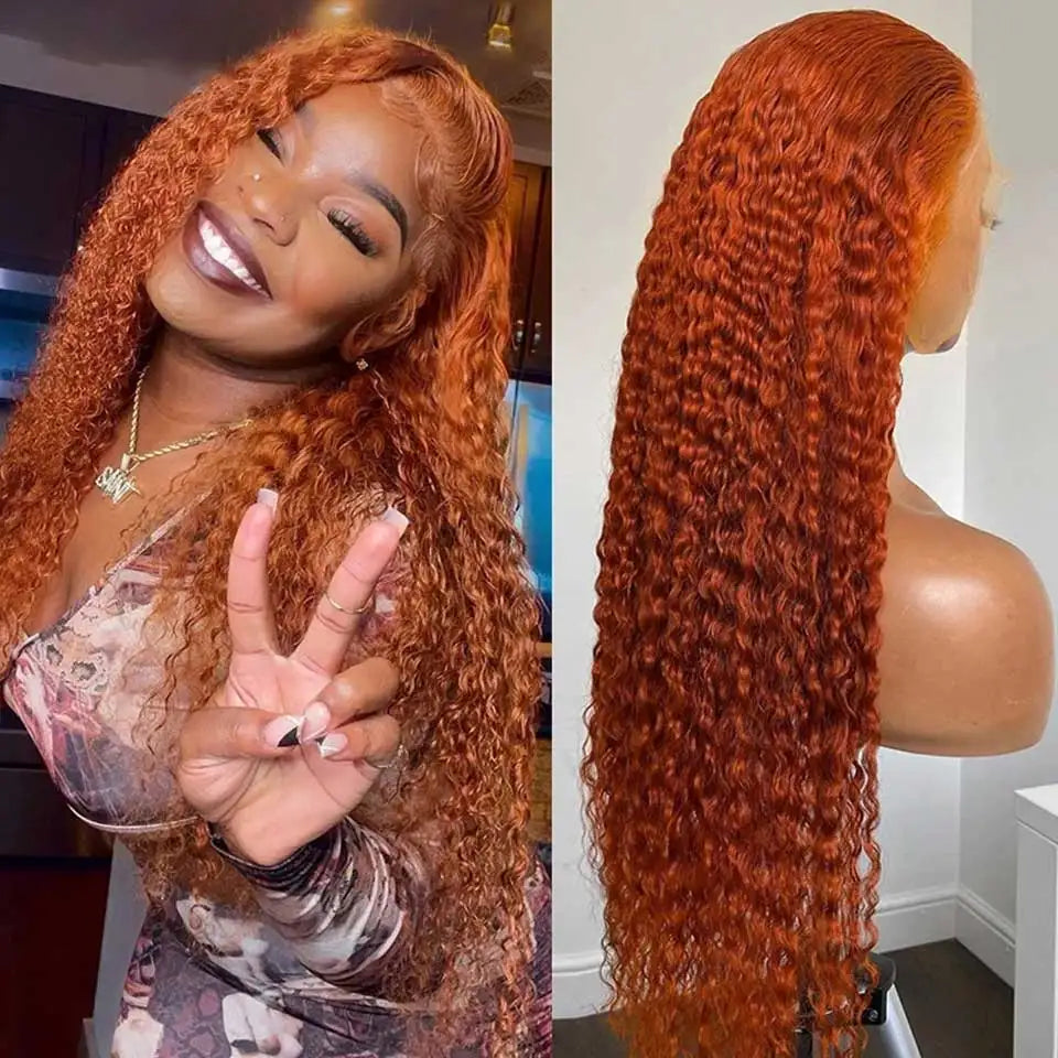 Ginger Orange Lace Front Human Hair Wigs 34 36 Inch Deep Wave Frontal Wig Curly Human Hair Wig 13x4 13x6 HD Lace Frontal Wig