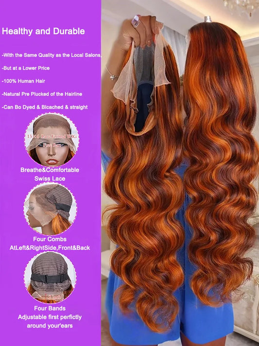 4/350 Highlight Ombre Body Wave Wigs 13x6 Lace Front Human Hair Wig Ginger Orange Brown Colored Water Wave 13x4 Lace Frontal Wig