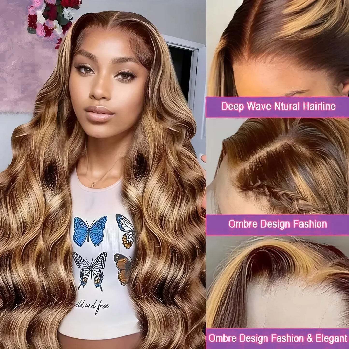 4/27 Highlight Body Wave Wig Human Hair Brazilian 30 32 Inch Colored Ombre Blonde 13x6 HD Transparent Lace Frontal Wig For Women