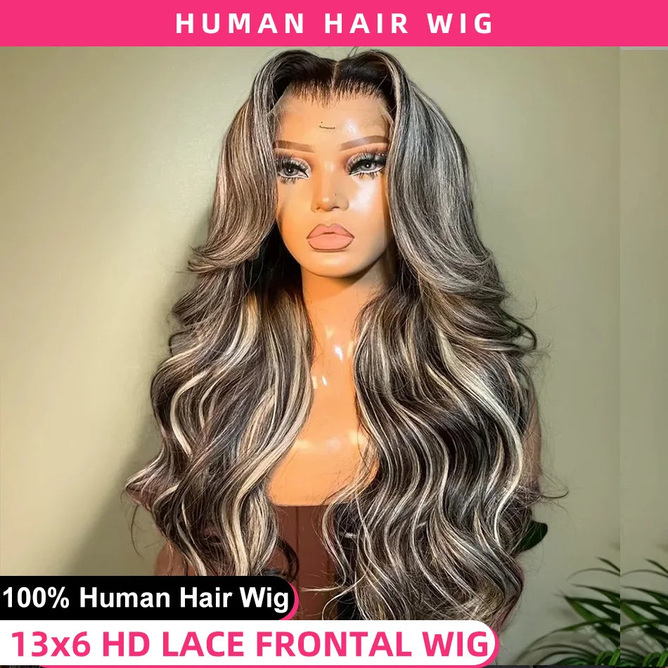 1B/27 Body Wave 13x6 Lace Frontal Highlight Wig Human Hair Brazilian 250 Density 30 40 Inch Ombre Blonde Colored Human Hair Wigs