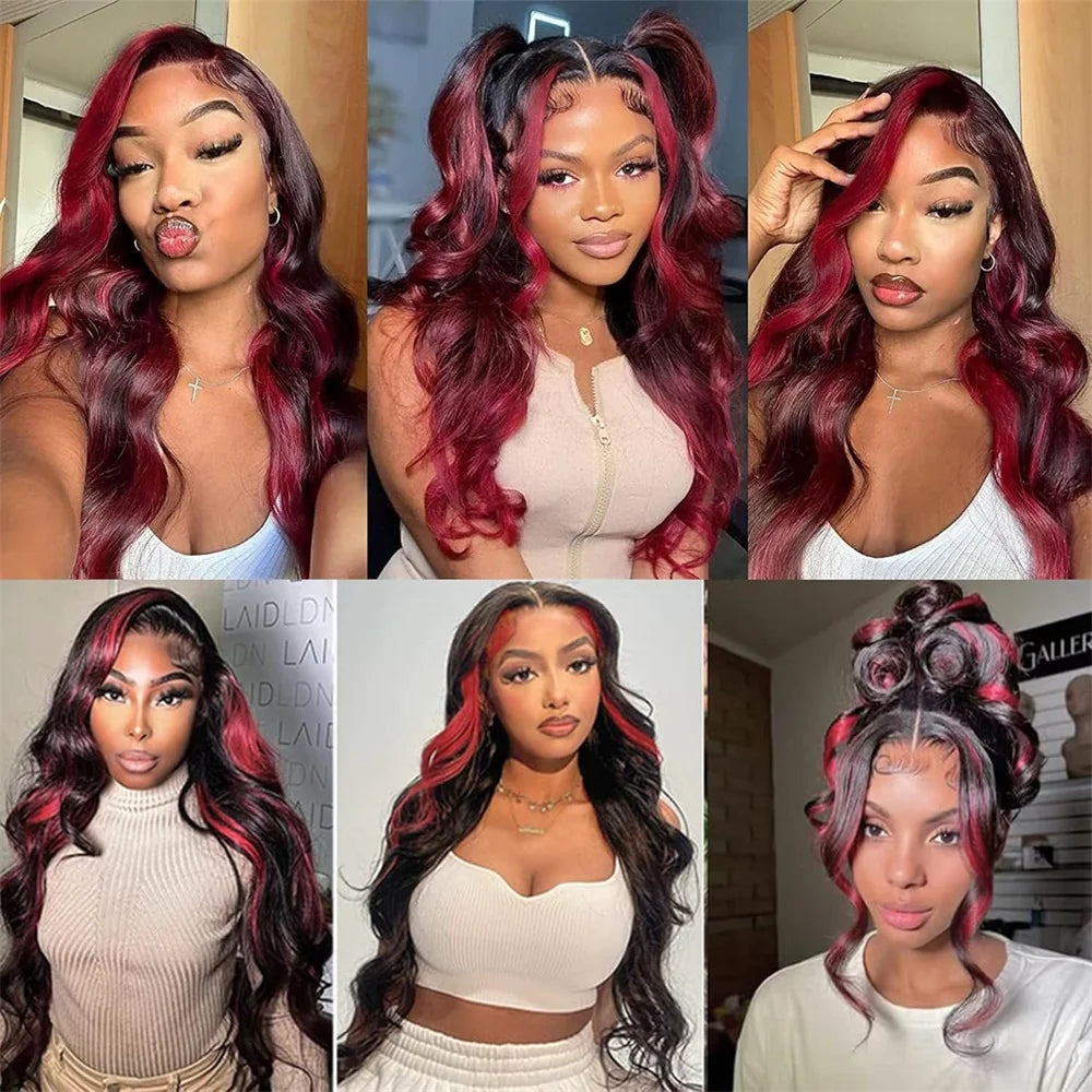 Highlight Burgundy Ombre Human Hair Wigs P1B/99J Body Wave 13x4 13x6 Lace Front Wigs Human Hair For Women Pre Plucked Colored