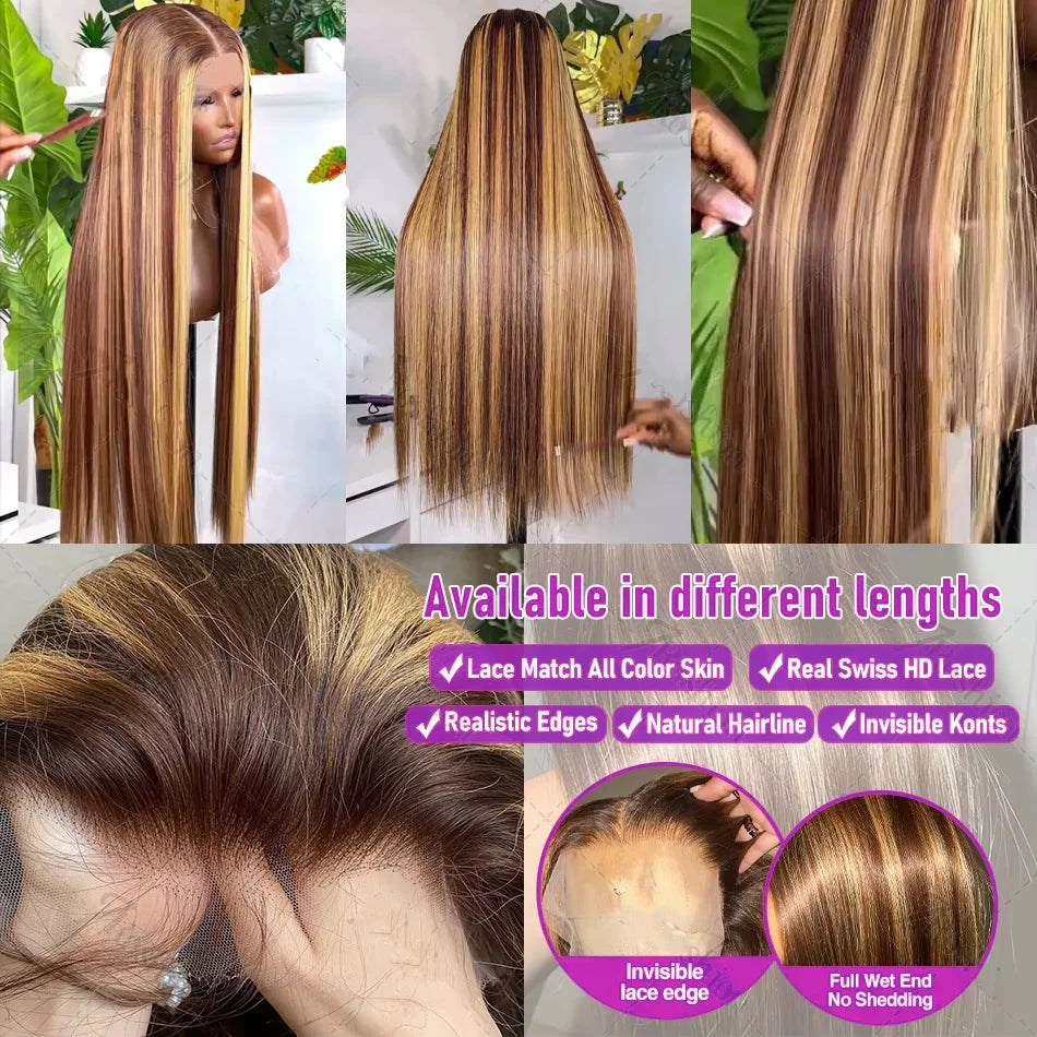 Ombre Highlight Brown Straight Lace Front Wig 13x4 Lace Frontal Human Hair Wigs For Women Pre Plucked Honey Blonde Colored Wigs