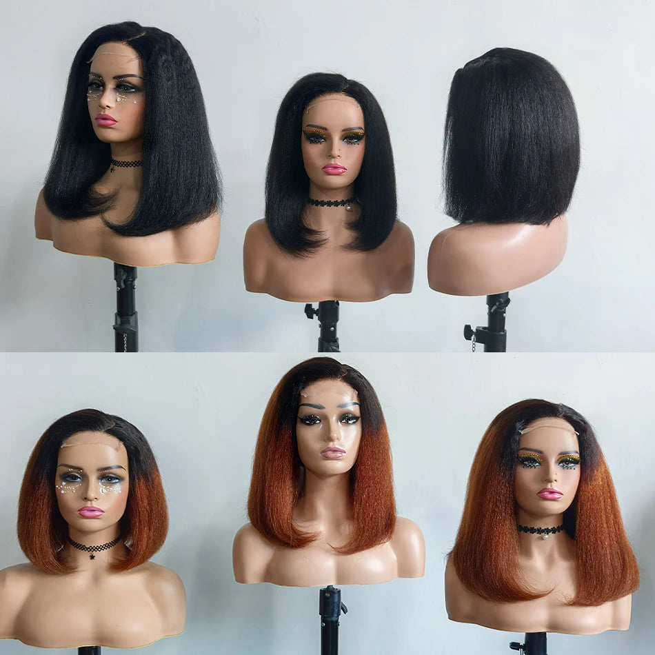 100% Vietnamese Human Hair Bob Yaki Straight 5x5 Lace Closure Wig 200% Density Ombre Brown Kinky Straight 13x6 HD Lace Front Wig